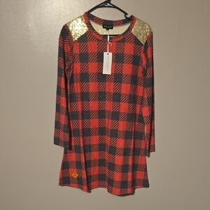 Simply Southern‎ Red/Gry Plaid W-Gold Sequins At Knee A-Line Dress Womens Size M